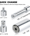 Quick change adapters and extension bar from Torx Socket Set With Quarter Inch Three Eighths Inch And Half Inch External Heavy Duty Sockets 53 Piece Kit Featuring Tamper Proof E Torx Extra Long Spline Tips And Universal Socket Durable S2 Steel Chrome Vanadium CR V.