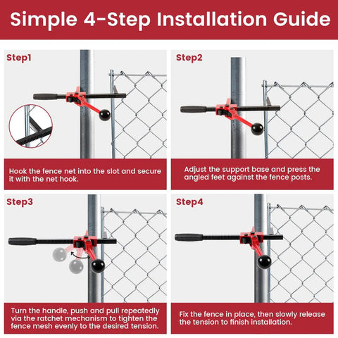 Heavy Duty Chain Link Fence Stretcher Tool With Ratcheting Puller And Tensioner For Woven Wire And Barbed Wire One Person Operation For Farm Ranch And Garden Fence Repair installation guide.