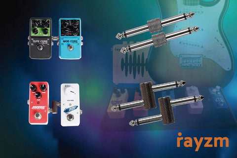 Guitar Pedal Patch Connectors One Quarter Inch Male To Male Four Pack With Two Straight And Two Z Type Angled Adapters shown with pedals