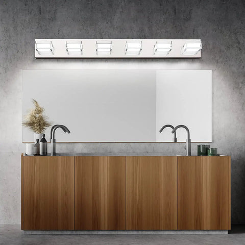 Modern Dimmable LED Vanity Lights Over Mirror Gloss Chrome Six Light Bathroom Fixture Easy Direct Wire Install Energy Saving