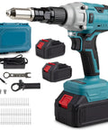Sumumtor 21V Cordless Electric Rivet Gun With Two 4.0Ah Batteries And Charger Brushless Motor Spark Free Design For Heavy Duty Metal Working Projects Reliable Power And Durability In One Tool, showing tool with accessories.