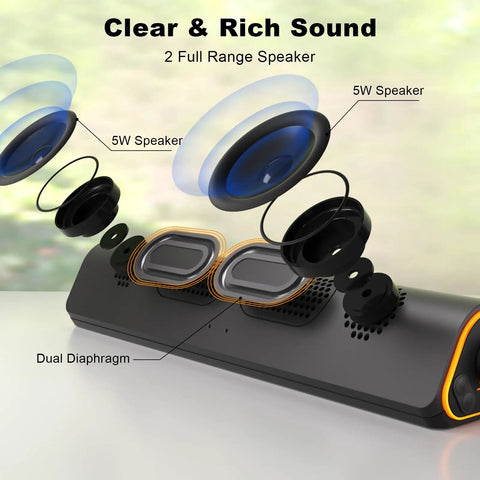Exploded view of R50 Bluetooth PC Sound Bar For Desktop Monitor, showing dual diaphragm and 5W speakers, USB powered.