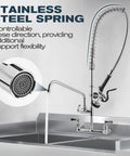 Commercial Sink Faucet - 21" Height Commercial Faucet Wall Mount with Pre-Rinse Sprayer showing stainless steel spring design.