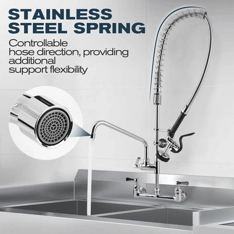 Commercial Sink Faucet - 21" Height Commercial Faucet Wall Mount with Pre-Rinse Sprayer showing stainless steel spring design.