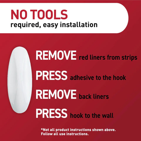 Installation steps for Designer Damage Free Wall Hooks Set With Sixteen Hooks And Twenty Four Adhesive Strips Holds Up To Five Pounds No Tools Needed