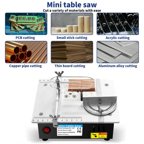 Solid Little Workhorse Compact Mini Table Saw With Variable Speed Trigger Precision Gauge And 45 Degree Bevel Cut Built Tough For Plug And Play DIY Wood And Metal Crafts Anywhere cutting various materials like wood, PCB, and aluminum.