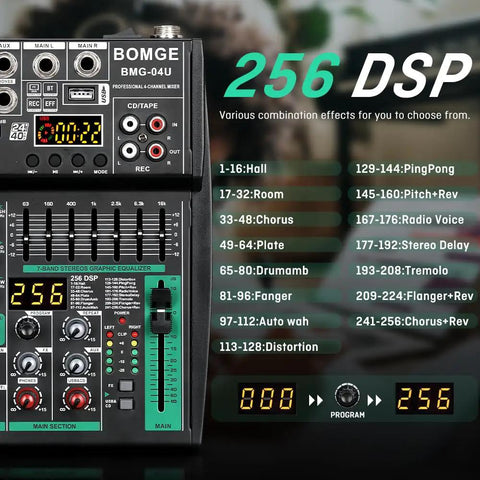 4 Channel DJ Mixer With Bluetooth, USB MP3 Input, 256 DSP, 48V Phantom Power, showing DSP effect options and controls