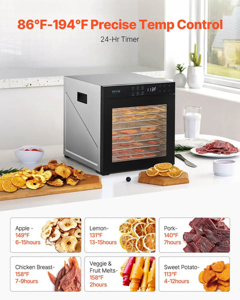 Straight Up Top Shelf Electric Food Dehydrator With 10 Stainless Steel Trays and Adjustable Heat Plus 24 Hour Timer displayed with dried fruits.