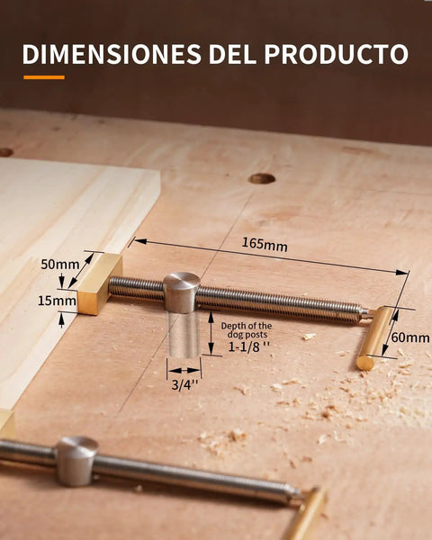 Three Quarter Inch Bench Dog Clamp Set For Woodworking Adjustable Workbench Stop Low Profile Clamp Kit For Fast Holddowns And Custom Bench Tops Ideal For Home Workshops And Professional Shops. Dimensions shown on 3/4in brass bench dog clamp