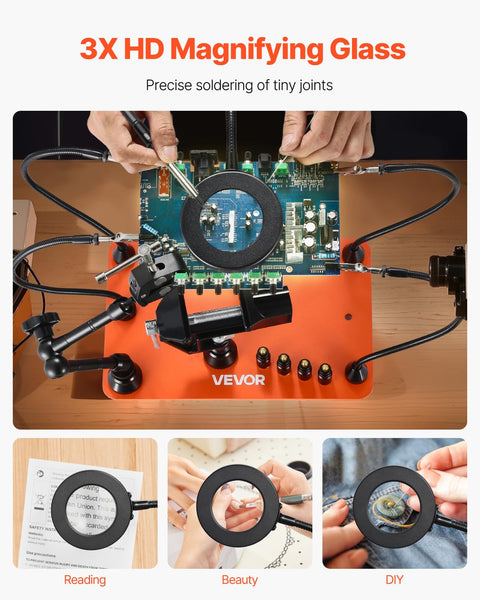 Hands using Magnetic Helping Hands Soldering Station With Four Arms Vise LED Magnifying Lamp Four PCB Holders And 360 Hot Air Gun Holder for electronics repair.