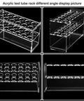 Clear Acrylic Test Tube Holder Rack With 16mm Wells 12 Unit Lab Organizer, four angles view on black background