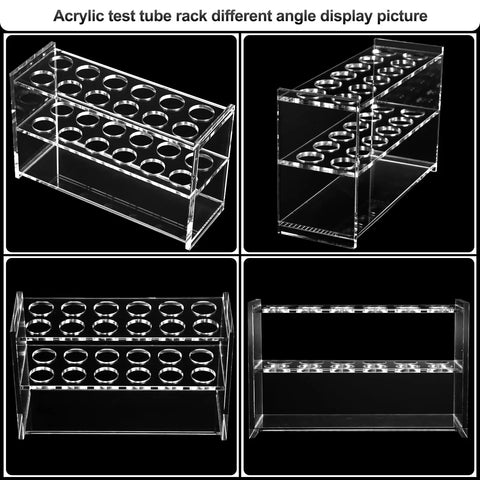 Clear Acrylic Test Tube Holder Rack With 16mm Wells 12 Unit Lab Organizer, four angles view on black background
