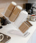 Clear Acrylic Coffee Cup And Lid Holder With Straw Organizer Five Compartment Disposable Cup Dispenser And Countertop Storage Rack