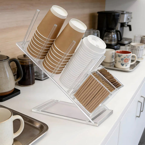 Clear Acrylic Coffee Cup And Lid Holder With Straw Organizer Five Compartment Disposable Cup Dispenser And Countertop Storage Rack