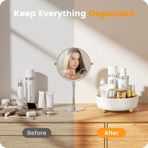 Keep Your Counter Totally On Point With This Compact White 360 Rotating Lazy Susan Makeup Trunk Smart Bathroom Storage Rack For Perfumes And Favorites That Always Stays Within Reach, featuring an organized setup.