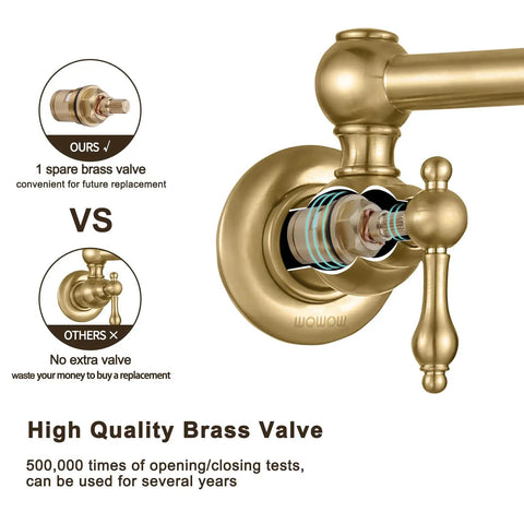 Gold Pot Filler Faucet Wall Mount Copper Folding Faucet With Two Handles And Double Joint Swing Arms showing brass valve