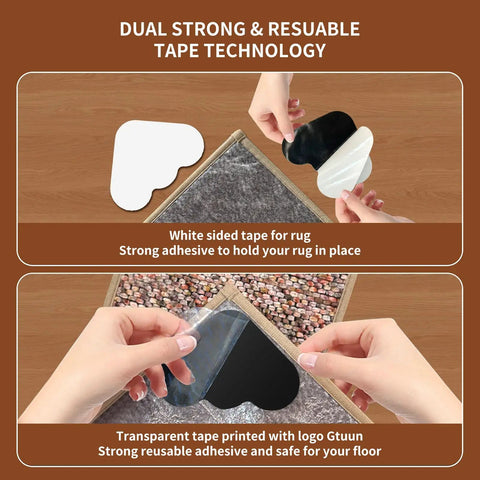 No Slip Rug Grippers Set dual sided adhesive tape application on rug corners, reusable and washable for hardwood floors and tile.