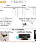 Diagram of Color Changing Icicle Lights With Remote, 35 Color Modes, 300 LED 48Ft RGB Waterproof Hanging String Lights dimensions and battery replacement.