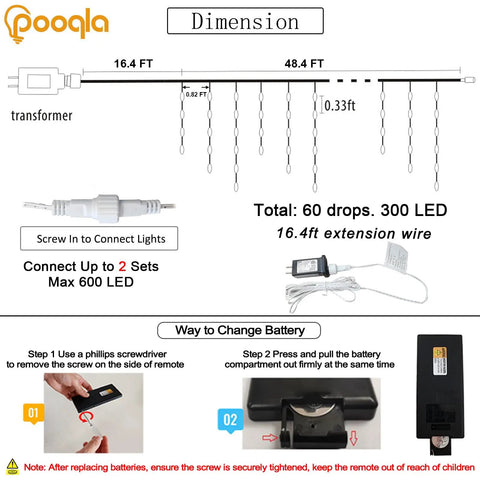Diagram of Color Changing Icicle Lights With Remote, 35 Color Modes, 300 LED 48Ft RGB Waterproof Hanging String Lights dimensions and battery replacement.