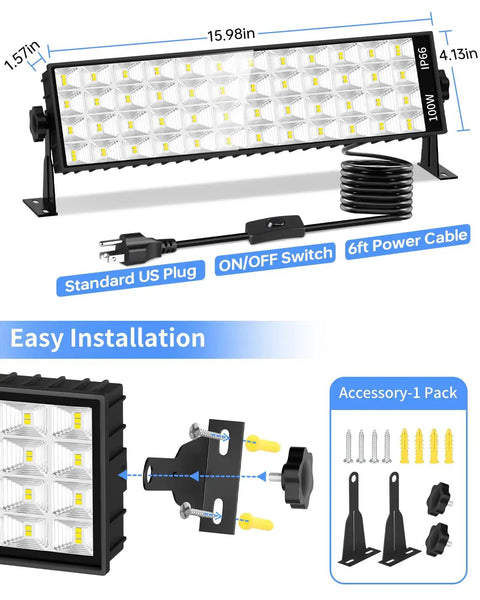 Crazy Bright 100W LED Shop Light Delivers 11000 Lumens Of Daylight 6000K, Plug In Garage Light shown with accessories and dimensions