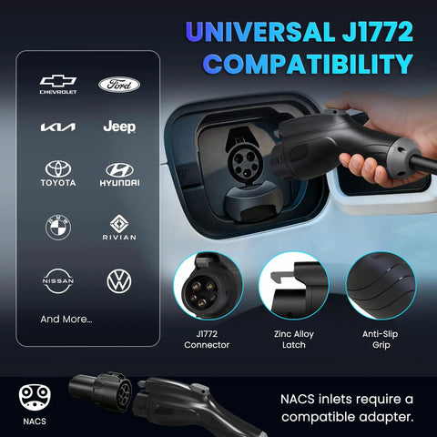 Portable Level 2 EV Charger J1772 Charging Station connector details and compatibility information with various car brands.