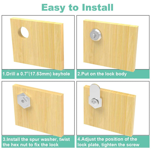 Assembly guide for Six Pack Cabinet Locks With Keys, steps from drilling keyhole to adjusting cam lock in wooden panel.