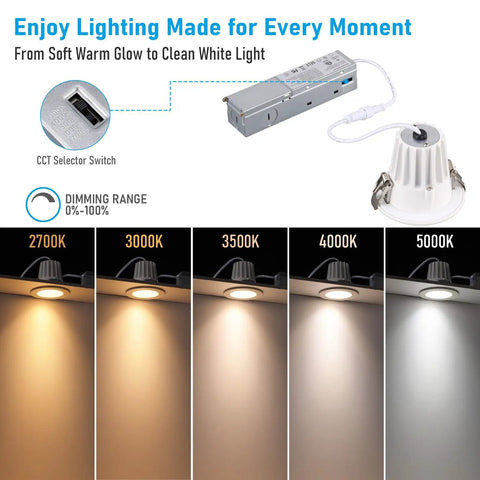 TORCHSTAR 6-Pack 5CCT 3 Inch LED Recessed Lighting, Anti-Glare, CRI90 with CCT selector switch showing color temperatures.