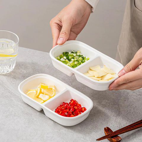 Set Of Two Divided Ceramic Dip Bowls With Stainless Steel Rims Zero Fuss Layout For Soy Sauce Vinaigrettes And Spice Mixes, holding toppings.