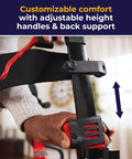 Adjustable height feature on Heavy Duty Dual Function Rollator And Compact Transport Wheelchair in vibrant red.