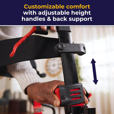 Adjustable height feature on Heavy Duty Dual Function Rollator And Compact Transport Wheelchair in vibrant red.