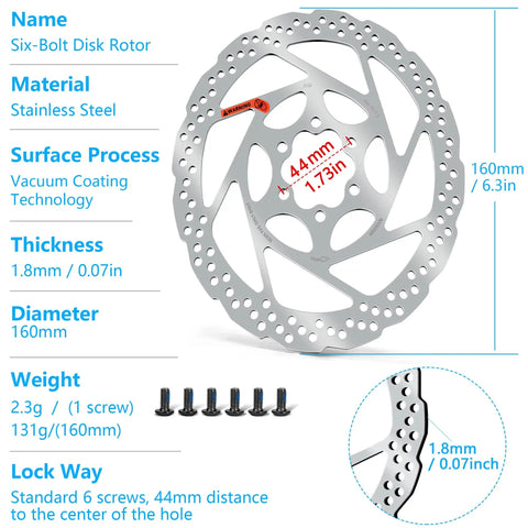 160mm Disc Brake Rotor With 6 Bolts For MTB Road BMX Bikes Vacuum Coating 44mm Center Hole 1.8mm Thick shown with specs