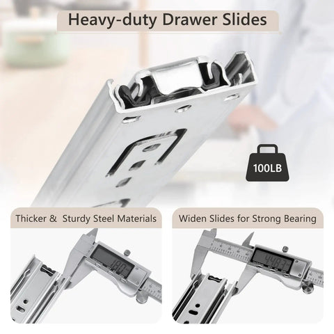 Close-up of Six Pairs Heavy Duty 20 Inch Drawer Slides With Full Extension Rails And Glides Ball Bearing Side Mount 100 Pound Capacity