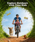 Parent and child riding bike with 2-In-1 Kids Bike Handlebar Extender For Mountain Bikes And BMX, dog running alongside on path.