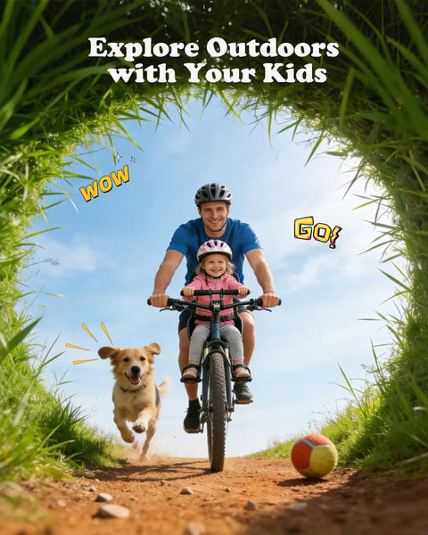 Parent and child riding bike with 2-In-1 Kids Bike Handlebar Extender For Mountain Bikes And BMX, dog running alongside on path.