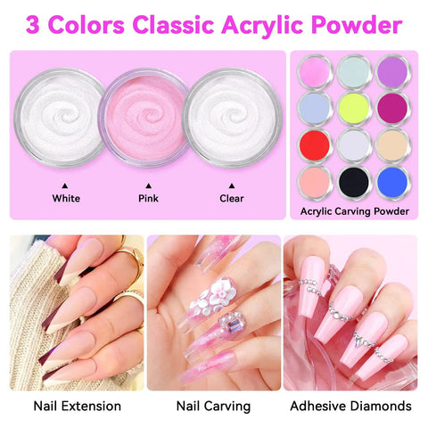 Acrylic Nail Kit With UV Light For Home DIY Easy Starter Set showcasing 3 classic acrylic powders in white, pink, and clear for nail art.