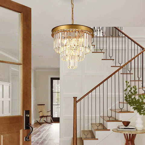 Gold Crystal Chandelier 16 Inch Modern Ceiling Pendant Light Fixture Dimmable Flush Mount Round Chandelier for Entryway