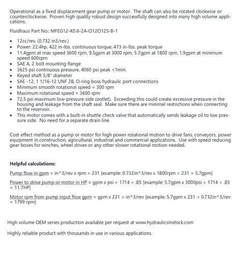 Technical specifications and calculations for Beefy Bi Directional Hydraulic Gear Motor Or Pump With High Flow 8 To 26 CC Per Rev 2 To 17 GPM 21 To 40 HP 2500 To 3600 PSI SAE A Mount MFEG Series.