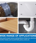 Beefed Up Heavy Duty Metal Repair Epoxy Glue 1.6 Oz For Metal Aluminum Steel Stone And Plastic All Purpose Adhesive with Industrial Strength Bond demonstrating applications on metal pipe, plastic surface, wooden table, and leaking pipe.