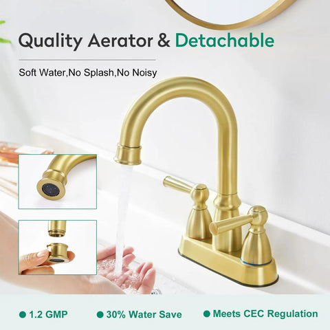 Brushed Gold Bathroom Faucet With 4 Inch Centerset Two Hole Design, Double Handles, showing 360 Degree Swivel Spout and ABS Aerator