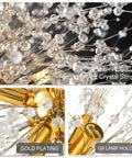Close-up of 9-Light Dandelion Gold Fireworks Crystal Chandelier details, featuring crystal strings and gold plating.
