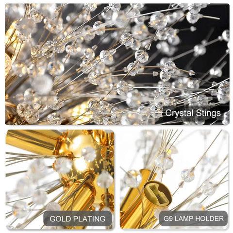 Close-up of 9-Light Dandelion Gold Fireworks Crystal Chandelier details, featuring crystal strings and gold plating.