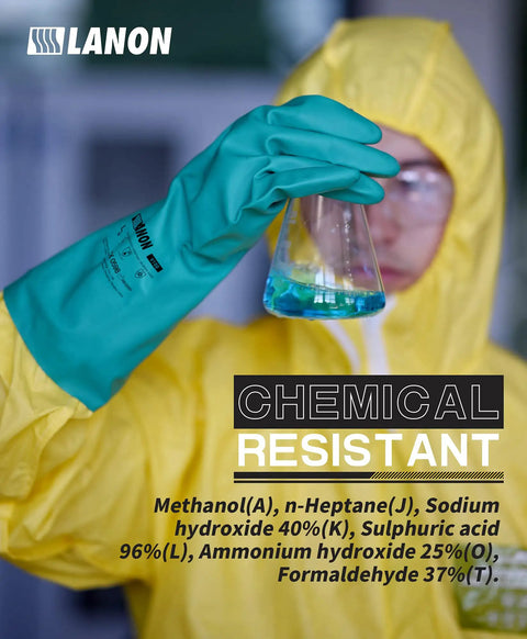 Person wearing 3 Pairs Nitrile Chemical Resistant Gloves Heavy Duty Reusable Rubber Work Gloves With Acid Alkali Oil Protection