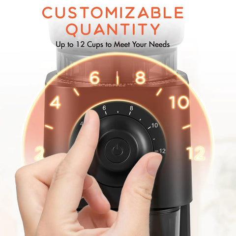 Customizable quantity dial for up to 12 cups on the Electric Conical Burr Grinder for versatile coffee brewing.