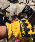 Mens 360 Degree Cut Resistant Level 5 Leather Work Glove With Impact Protection Goatskin Construction TPR Finger Knuckle Guards Kevlar Threading Yellow Extra Large in use during trash removal.