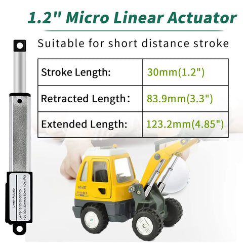 Compact 12V DC Linear Actuator Kit With Controller, 1.2 Inch Stroke, displayed with toy digger for scale