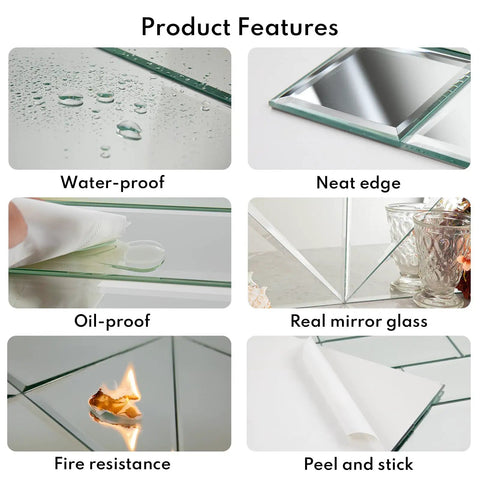 Peel And Stick 4 Inch Beveled Mirror Glass Tiles Silver Crystal Mosaic for Kitchen Backsplash and Bathroom product features image