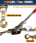Bigorenda come-along winch, side view, 5T capacity, 12ft steel cable, red handle, 3 hooks, Amazon brand