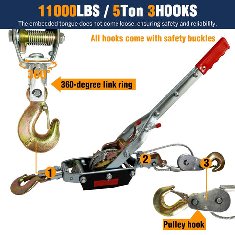 Bigorenda come-along winch, side view, 5T capacity, 12ft steel cable, red handle, 3 hooks, Amazon brand
