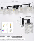 Front view of 5 Light Crystal Black Vanity Light Fixture For Bathroom Over Mirror Modern Style With Crystal Drops, dimensions shown