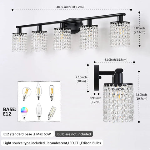 Front view of 5 Light Crystal Black Vanity Light Fixture For Bathroom Over Mirror Modern Style With Crystal Drops, dimensions shown